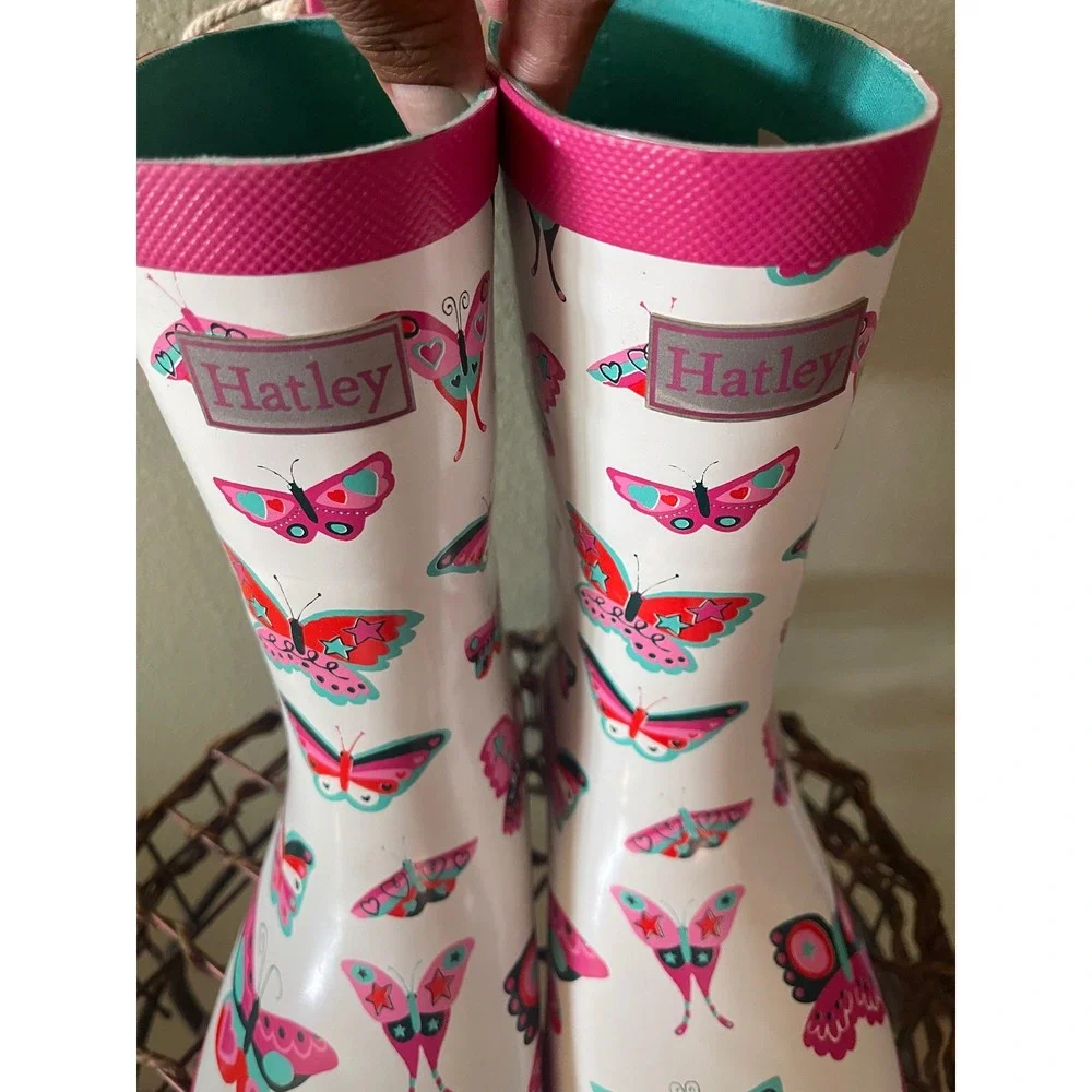 HATLEY Girls White Pink Butterflies Rain Boots Size 2 New